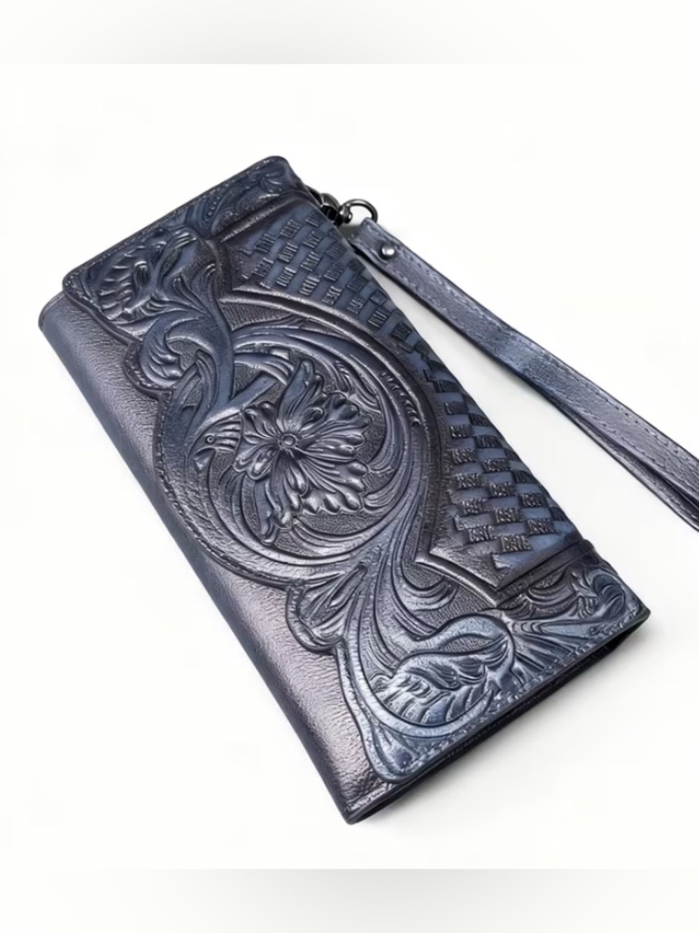 WESTERN Genuine Leather Hand Tooled Blue Wallet Wristlet